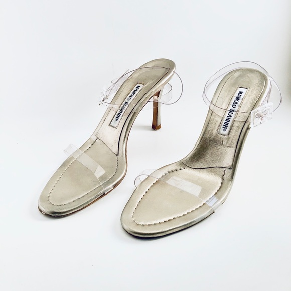 Manolo Blahnik Pewter Sandals with Clear Straps - Picture 8 of 16